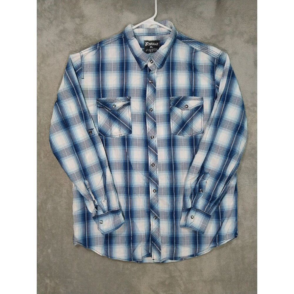 Skully Shirt Mens XL Blue White Plaid Snap Button Down Roll Tab Sleeve Western